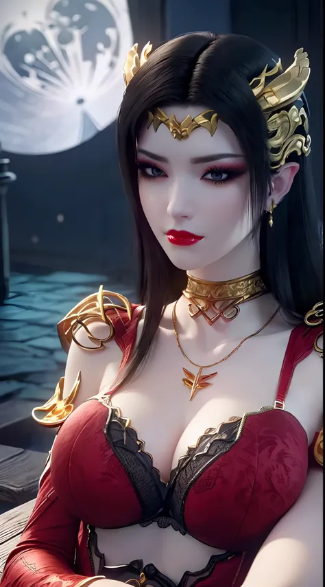 1 extremely beautiful queen, ((wearing sexy red lingerie with black lace trim:1.6)), (((Patterns on clothes:1.6))), ((long black hair:1.6)), jewelry elaborately made from precious stones and beautiful hair, ((wearing a 24k gold lace necklace:1.4))), the no...