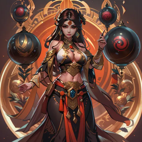 a close up of a strong amazon arab woman in her 30s, with red eyes and brown hair, wearing a black and red belly dancer attire, surrounded by giant orbs made of slime, a heroine with red eyes, female mage with sun power, middle-eastern princess, standing ...