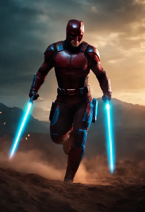 daredevil as a spartan warrior, jumping in the air, a neon blue light sabers in hand, the sky is a pale hunter green, dying spartans on the ground , bloody armor, epic, 8k