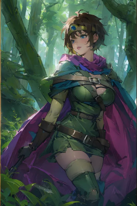 (((Top Quality: 1.4))),(Unparalleled Masterpiece), (Ultra High Definition),(Ultra-Realistic 8k CG),official art, (sheathed weapon on back:1.2), roto (dq3), 1girl, solo, short hair, brown hair, blue eyes, circlet, large breasts, cleavage, strapless, blue dr...