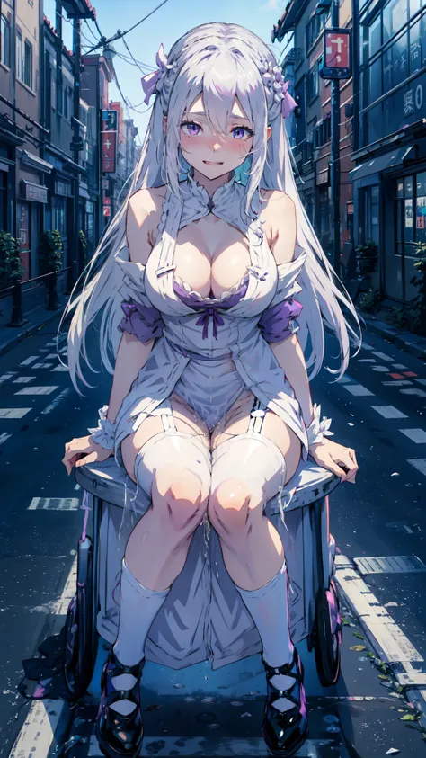 Emilia from re zero, mature face, long white hair, purple eyes, wearing wite lingerie bikini, sitting on the night city street,vibrant colours, blushing,joyful expression, dynamic pose, NSFW, peeing self, have to pee.