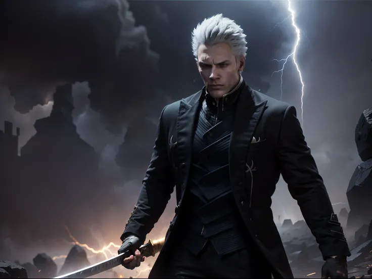 Character:
Vergil from Devil May Cry 5 is shown in an intense, dynamic close-up. He possesses striking features that demand attention:

Vergils short, pure white hair at the back is perfectly groomed, adding to his aura of precision.
His piercing black eye...