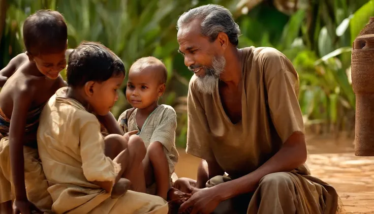 a malay man with african chikdren at waterwell