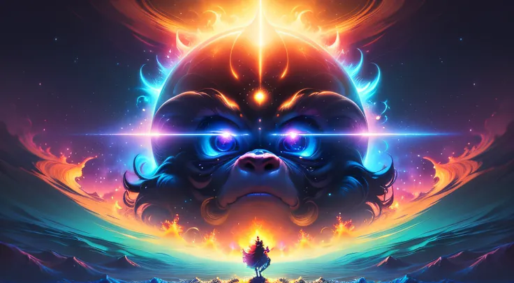 A super saiyan gorilla standing on a sun shaped object in the sky and dreaming of electric blackholes, blurry and dreamy illustration, calm night. Digital illustration, Blurred and dreamlike illustration, Amédée Ozenfant, dreamlike illustration, in astral ...