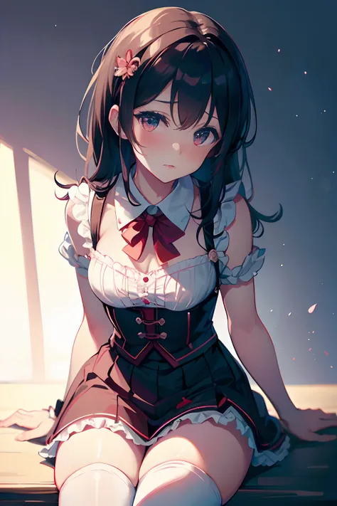 Beautiful, Masterpiece, Best quality, Extremely detailed face,  Perfect lighting, 1girll, Solo,  Mato Well Ryuko B, Chiyue, suspender skirt, crouched,Blush,  Cowboy shot