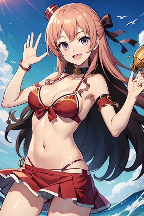 masutepiece, Best Quality,1girl in, (Solo:1.3),Smile,Long hair,bikini,Happy smile、Opening Mouth