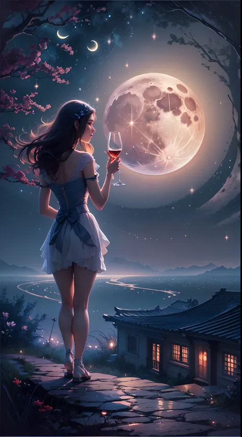 (Best quality,A high resolution:1.2),full moon,Dark night,Quiet and peaceful environment,(Woman A raised her glass to the moon),Twinkling starry sky,Subtle shadows and highlights,Fantastical Atmosphere,Bright colors at night,Calm and reflective emotions,Et...