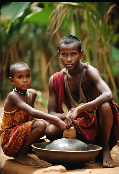 a malay young man with african children at waterwell