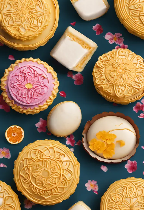 Commercial shooting, Cantonese egg yolk mooncakes, Mooncake size, poster for, Fresh style background, elegant, Booth lighting, Attractive, photorealistic colors, Ultra HD