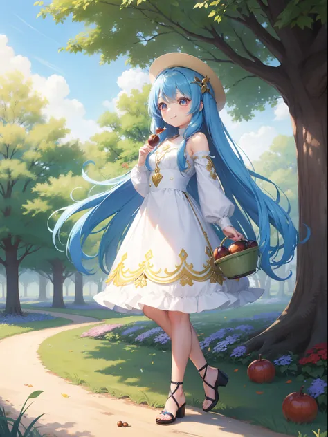 a beauty girl　Picking chestnuts in a chestnut grove　long hair with blue hair((Chibi Chara))、A charming smile、Fluffy、girl with、Chibi Chara、Friends of the Forest、full body Esbian、Pastel colors hair、masutepiece、top-quality、