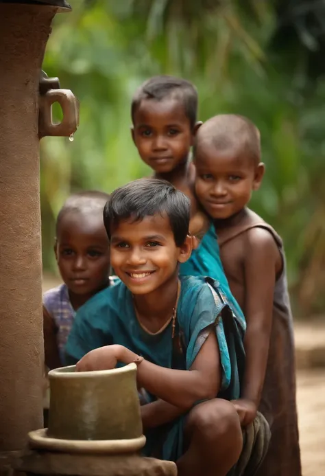 a malay young man with african children at waterwell