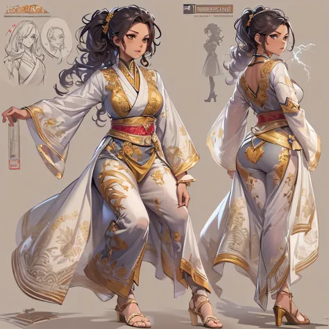 ((Masterpiece, Highest quality)), Detailed face, CharacterDesignSheet， full bodyesbian, Full of details, Multiple poses and expressions, Highly detailed, Depth, Many parts，Martial arts girl，double-ponytail, curly hair，arabic dress，Extremely beautiful，High ...