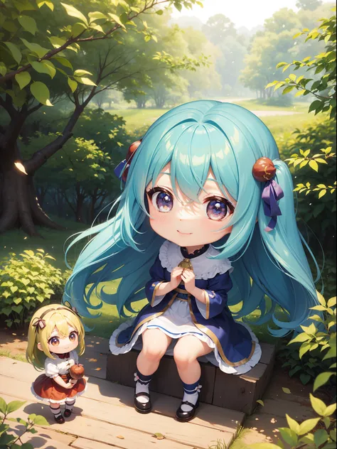 Chibichara　Picking chestnuts in a chestnut grove　long hair with blue hair((Chibi Chara))、A charming smile、Fluffy、girl with、Chibi Chara、Friends of the Forest、full body Esbian、Pastel colors hair、masutepiece、top-quality、