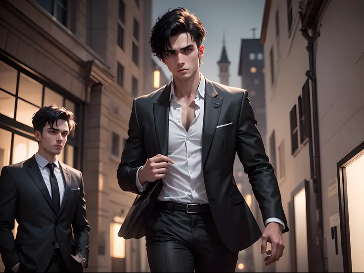 8K realistic image of a 25 year old man, short black hair, dressed in a black blazer and a white blouse underneath, expression of insanity, walking out of an evangelical church, night scene