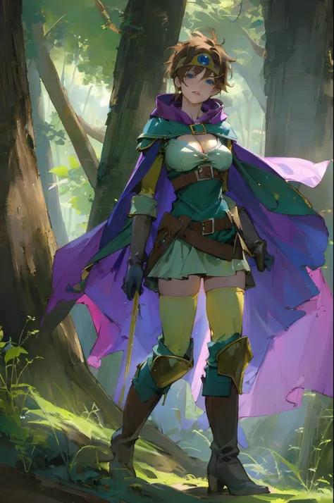 (((Top Quality: 1.4))),(Unparalleled Masterpiece), (Ultra High Definition),(Ultra-Realistic 8k CG),official art, (sheathed weapon on back:1.2), roto (dq3), 1girl, solo, short hair, brown hair, blue eyes, circlet, large breasts, cleavage, strapless, blue dr...