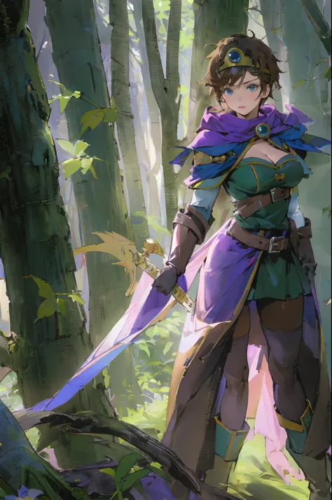 (((Top Quality: 1.4))),(Unparalleled Masterpiece), (Ultra High Definition),(Ultra-Realistic 8k CG),official art, (sheathed weapon on back:1.2), roto (dq3), 1girl, solo, short hair, brown hair, blue eyes, circlet, large breasts, cleavage, strapless, blue dr...