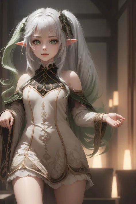 Adult girl standing and looking at the camera, pixie, elf ears, Beautiful elven ears, The girl is dressed in a Gothic dress, Long Dress, floor-length dress, pony tail, High-quality beautiful eyes, beatiful face, High Quality Face, dark sky, Thin, Wet waist...