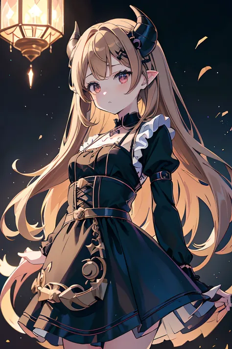 Anime girl with horns and a dress with a skull, ((Light brown hair))(loli in dress, gothic maiden anime girl, cute anime waifu in a nice dress, anime moe art style, Anime girl wearing black dress, nightcore, (Anime girl), style of anime4 K, small curvaceou...