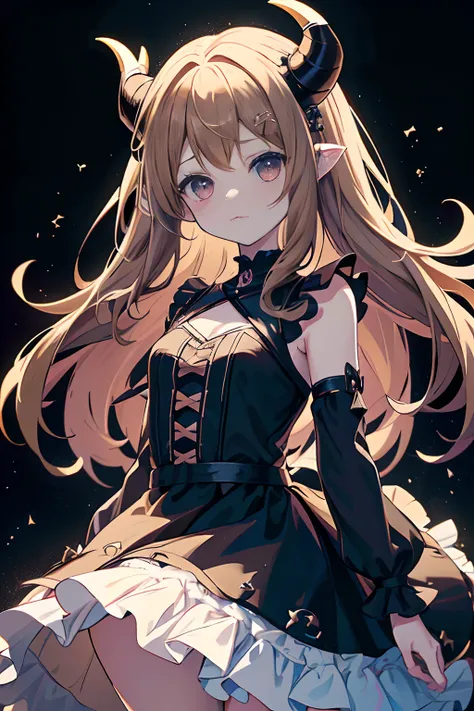 Anime girl with horns and a dress with a skull, ((Light brown hair))(loli in dress, gothic maiden anime girl, cute anime waifu in a nice dress, anime moe art style, Anime girl wearing black dress, nightcore, (Anime girl), style of anime4 K, small curvaceou...