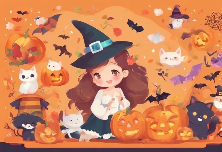 (cute Halloween atmosphere:1.5), whimsical pumpkins, sparkling decorations, friendly ghosts, sweet treats and colorful candies, playful laughter, children in adorable costumes, moonlight enchanting the night, magic in the air, a landscape bathed in gentle ...