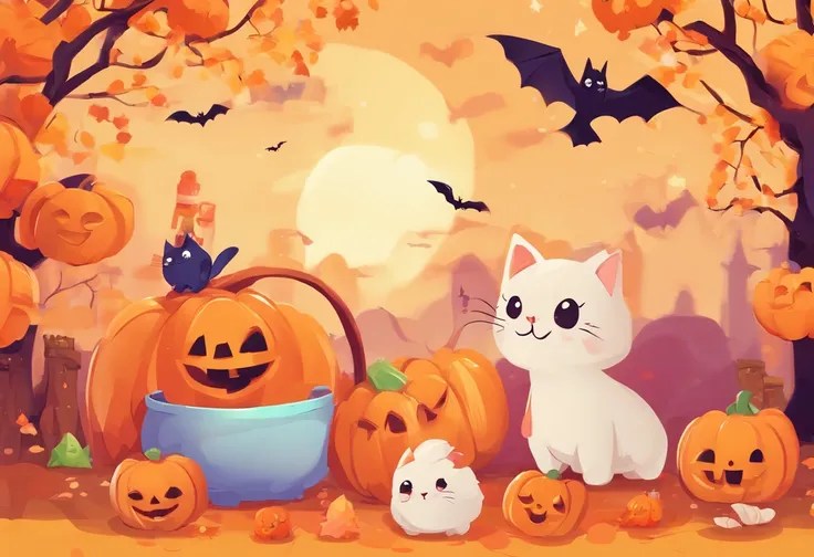 (cute Halloween atmosphere:1.5), whimsical pumpkins, sparkling decorations, friendly ghosts, sweet treats and colorful candies, playful laughter, children in adorable costumes, moonlight enchanting the night, magic in the air, a landscape bathed in gentle ...