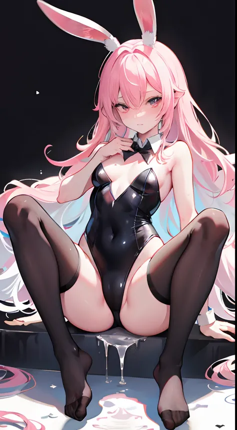 opening legs，Bunny ears，No underwear， the feet，is shy，sitted， Feet，Exposed genitals，clear liquid，Bigchest，transparent panty，soaking wet，A pink-haired，Hold your thighs from behind with your hands，Emotive expressions，Ambiguous，taunt，Succubus，Unoccluded，There...