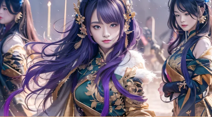 32K（tmasterpiece，k hd，hyper HD，32K）Long flowing bright purple hair，Autumn Pond，zydink， a color，  Asian people （Silly girl）， （Silk scarf）， Combat posture， looking at the ground， long whitr hair， Floating bright purple， Fire cloud pattern gold tiara， Chinese...