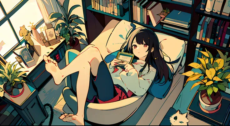 One girl, from above, plant, black hair, cat, lying down, indoors, holding, long sleeve, long hair, stuffed animal, potted plant, book, food, window, telephone, loaded interior, television, short hair, on the back, plush toy, bangs, slippers, barefoot, sit...