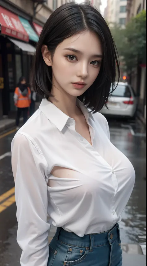 ((Best Quality, 8K, Masterpiece: 1.3)), Sharp: 1.2, Perfect Body Beauty: 1.4, Slim Abs: 1.2, ((Layered Hairstyle, Big Breasts: 1.2)), (Wet White Button Long Shirt: 1.1), (Rain, Street: 1.2), Wet: 1.5, Highly detailed face and skin texture, detailed eyes, d...