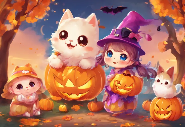 (cute Halloween atmosphere:1.5), whimsical pumpkins, sparkling decorations, friendly ghosts, sweet treats and colorful candies, playful laughter, children in adorable costumes, moonlight enchanting the night, magic in the air, a landscape bathed in gentle ...