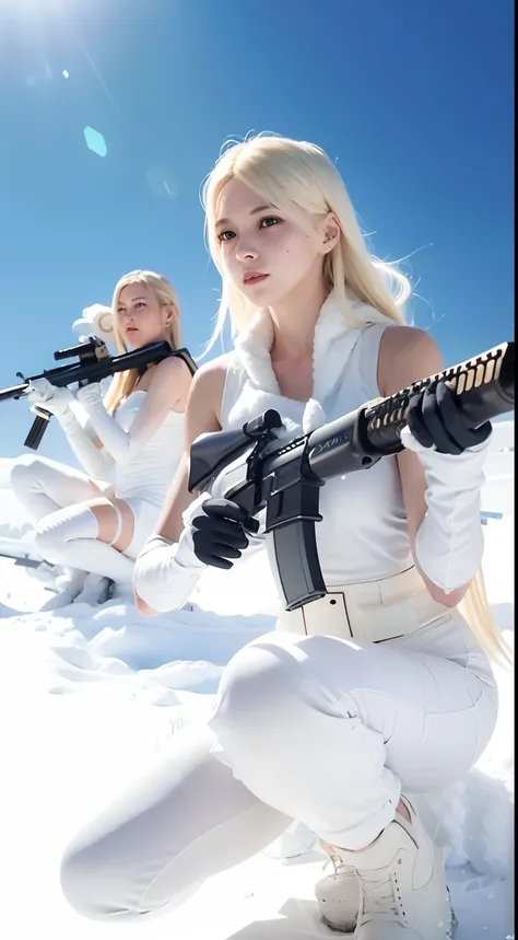 Blonde woman in white dress with gun and gun in snow, with rifle, m4 sopmod ii girls frontline, cinematic —ar 16:9, with pistol, snow army war, (Snow), —ar 16:9, Pose with weapons, White snow, twice, 🕹️ 😎 🔫 🤖 🚬, with a white muzzle