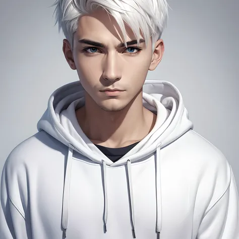 A man with an expression, wearing a hoodie with his short platinum hair, all white background, anime art style, Focus on his face