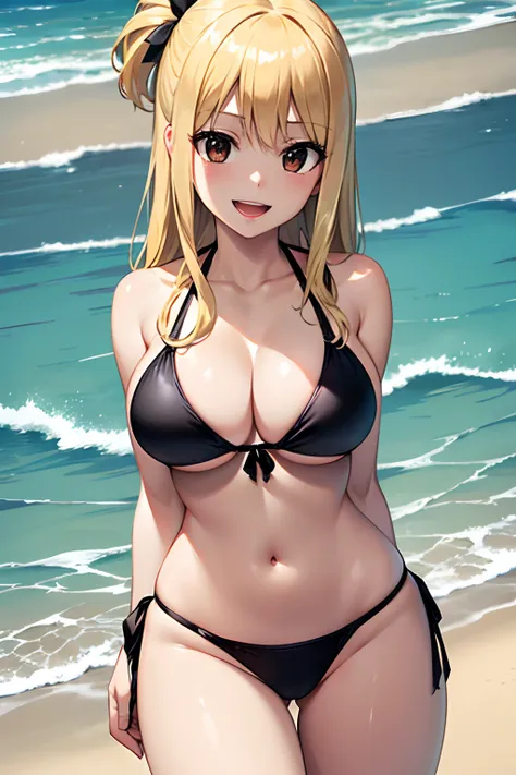 Master masterpiece, top-quality, High Definition, , Lucy Heartphilia, blonde  hair, length hair, large full breasts, Smile with open mouth, Solo、cowboy  shot, (Black Bikini:1.3)、(the beach:1.3)、