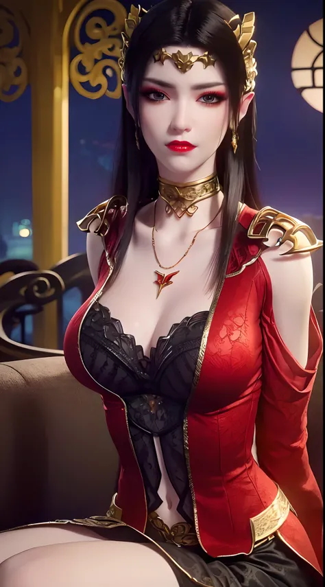 1 extremely beautiful queen, ((wearing traditional red hanfu with thin black patterns:1.6)), (((Patterns on clothes:1.6))), ((long black hair:1.6 )), elaborately crafted jewelry from precious stones and beautiful hair, (((wearing a 24k gold lace necklace:1...