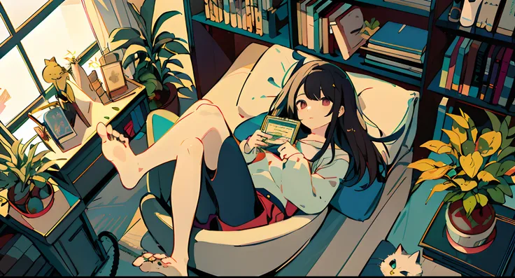 One girl, from above, plant, black hair, cat, lying down, indoors, holding, long sleeve, long hair, stuffed animal, potted plant, book, food, window, telephone, loaded interior, television, short hair, on the back, plush toy, bangs, slippers, barefoot, sit...