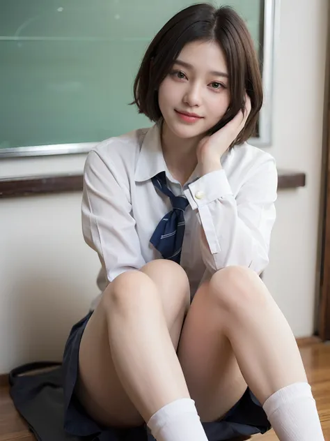 (school uniform:1.5), (photorealistic:1.4), (best quality:1.0), (ultra highres:1.0), 8k, RAW photo, (masterpiece:0.2), ultra-detailed, close short, 1girl, beautiful skin, detailed skin, looking at viewer, full body, (short hair:1), smile, (closed mouth:1)