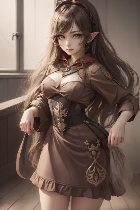 Adult girl standing and looking at the camera, pixie, elf ears, Beautiful elven ears, The girl is dressed in a Gothic dress, Long Dress, floor-length dress, pony tail, High-quality beautiful eyes, beatiful face, High Quality Face, dark sky, Thin, Wet waist...