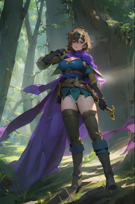 (((Top Quality: 1.4))),(Unparalleled Masterpiece), (Ultra High Definition),(Ultra-Realistic 8k CG),official art, (sheathed weapon on back:1.2), roto (dq3), 1girl, solo, short hair, brown hair, blue eyes, circlet, large breasts, cleavage, strapless, blue dr...