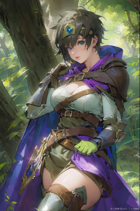 (((Top Quality: 1.4))),(Unparalleled Masterpiece), (Ultra High Definition),(Ultra-Realistic 8k CG),official art, (sheathed weapon on back:1.2), roto (dq3), 1girl, solo, short hair, brown hair, blue eyes, circlet, large breasts, cleavage, strapless, blue dr...