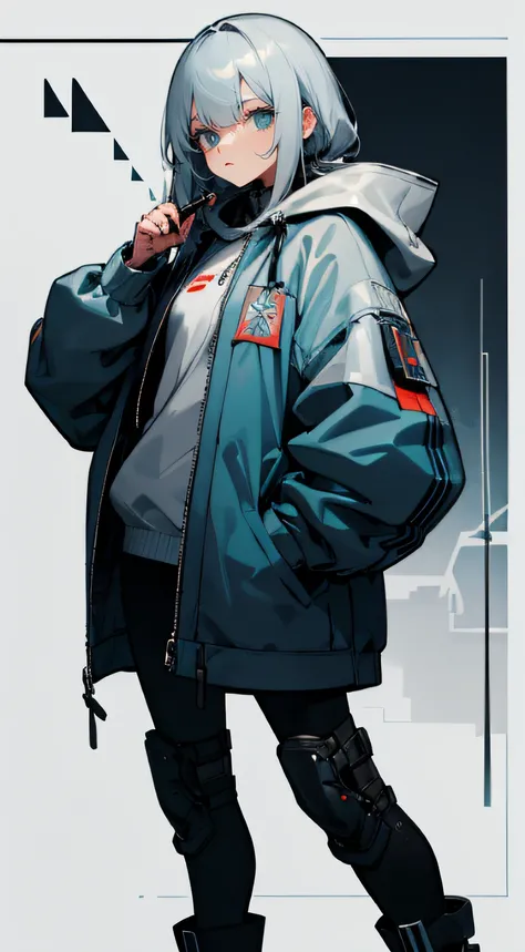 Gray hair，Royal sister，Cyberpunk style grey hooded coat，Leather boots，Long knife in hand，Bandage underwear，Chunky sneakers，Mechanical face lines，Dark blue throughout，cold shades