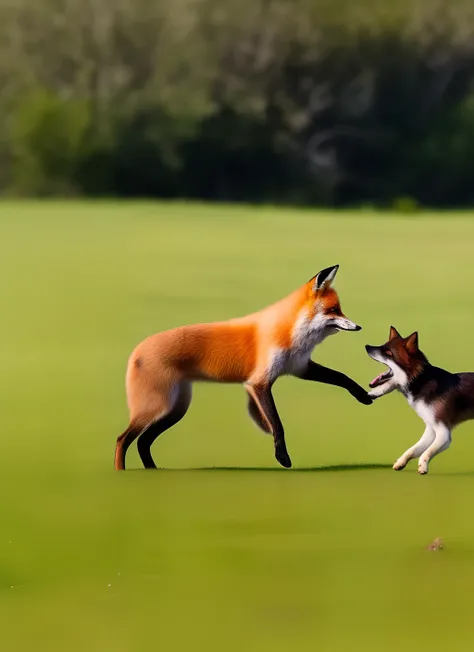 Photo of fox and dog frolicking in the steppe