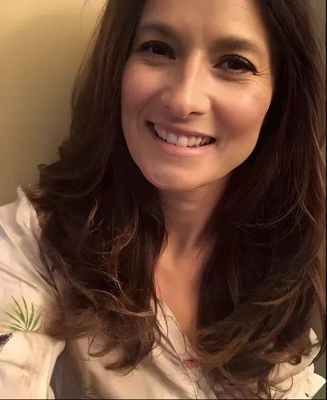 Smiling woman with long brown hair and white shirt, Image de profil, environ 3 5 ans, Photo de profil, 3 0 ans femme, Femme de 30 ans, inspired by Eva Gonzalès, Karla Ortiz, belle et souriante, Alanis Guillen, Femmes de 40 ans, inspired by Gina Pellón, Pho...