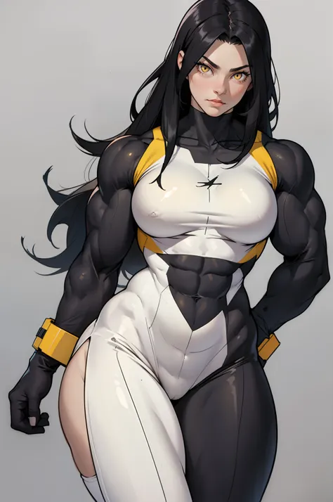 ((grey background)), (((((1 girl))))), black hair, yellow eyes, very long hair, ((((((muscular)))))), tall, pale skin, bodysuit, (solo), curvy, wide hips, thick thighs, cowboy shot, perky breasts