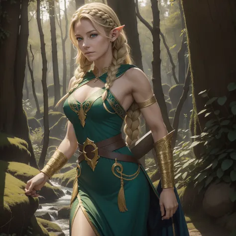 Evangeline Lilly como uma loira MYTHOLOGICAL ELF , em um longo vestido verde, estilo grego, tecido leve, com fendas laterais, detalhes dourados, longos braceletes, golden armlets, coxas torneadas expostas, strong facial expression, look at the camera, olho...