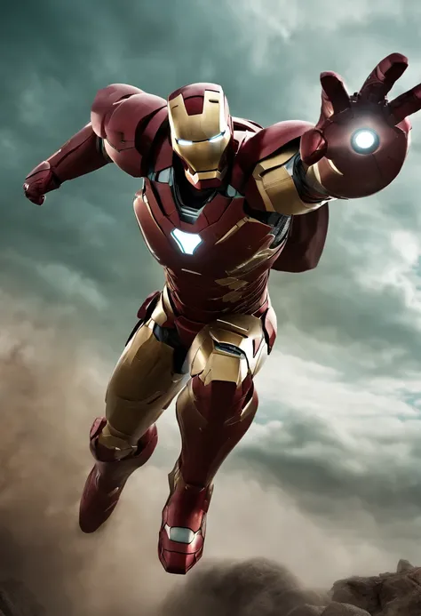 ironman with a transparent helmet, as a spartan warrior, jumping in the air, , the sky is a pale hunter green, dying spartans on the ground , bloody armor, epic, 8k