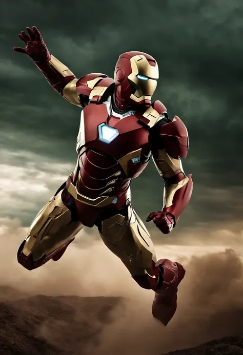 ironman with a transparent helmet, as a spartan warrior, jumping in the air, , the sky is a pale hunter green, dying spartans on the ground , bloody armor, epic, 8k