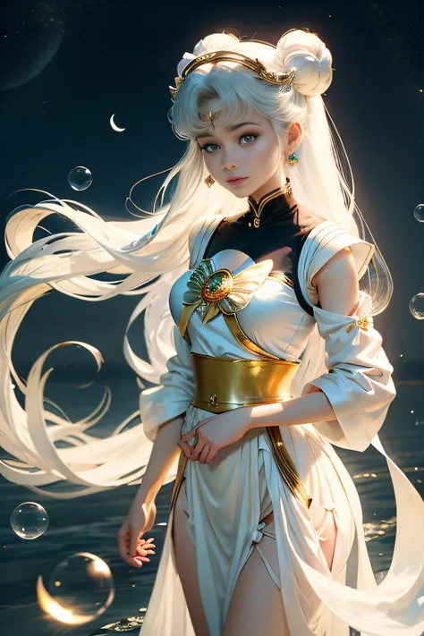 anime girl with long white hair and a gold belt standing in the water, portrait knights of zodiac girl, the sailor galaxia. beautiful, ross tran 8 k, beautiful digital artwork, trending on cgstation, artwork in the style of guweiz, ! dream artgerm, artgerm...