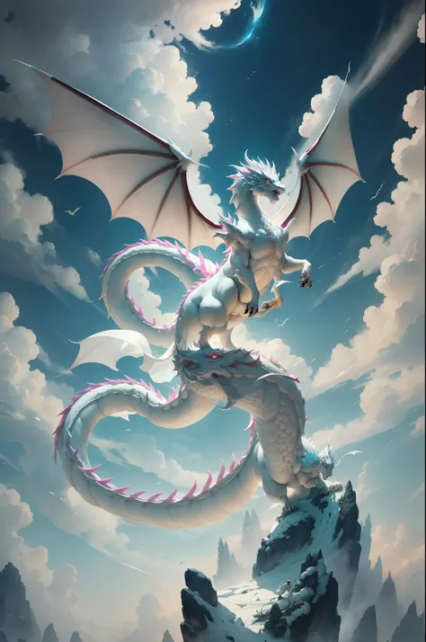 The Chinese White Divine Dragon rose into the air，（A man handles dragons：1.3），，The man turns his back to the camera：1.3），Sky clouds surround the surroundings，Dark magic，Fantasy background， Background Meaning，Ridiculous background，There are artistic overlay...