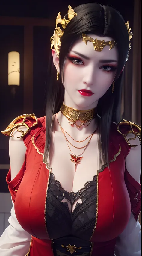 1 extremely beautiful queen, ((wearing traditional red hanfu with thin black patterns:1.6)), (((Patterns on clothes:1.6))), ((long black hair:1.6 )), elaborately crafted jewelry from precious stones and beautiful hair, (((wearing a 24k gold lace necklace:1...