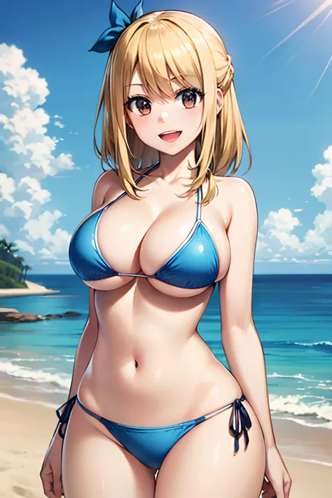 Master masterpiece, top-quality, High Definition, , Lucy Heartphilia, blonde  hair, length hair, large full breasts, Smile with open mouth, Solo、cowboy  shot, (Light blue bikini:1.3)、(the beach:1.3)、